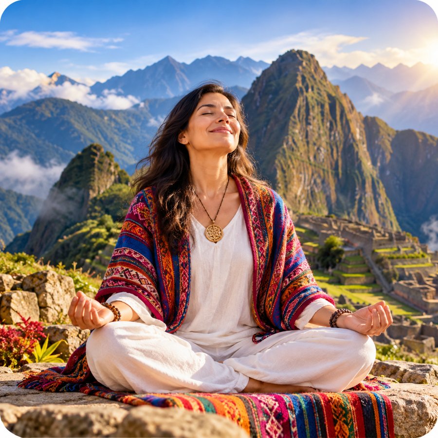 Mujer meditando con un poncho andino frente a las montañas del Perú